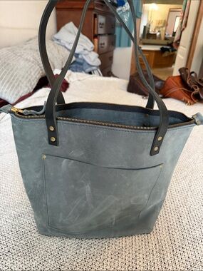 Slate Gray Leather Tote with Black Straps